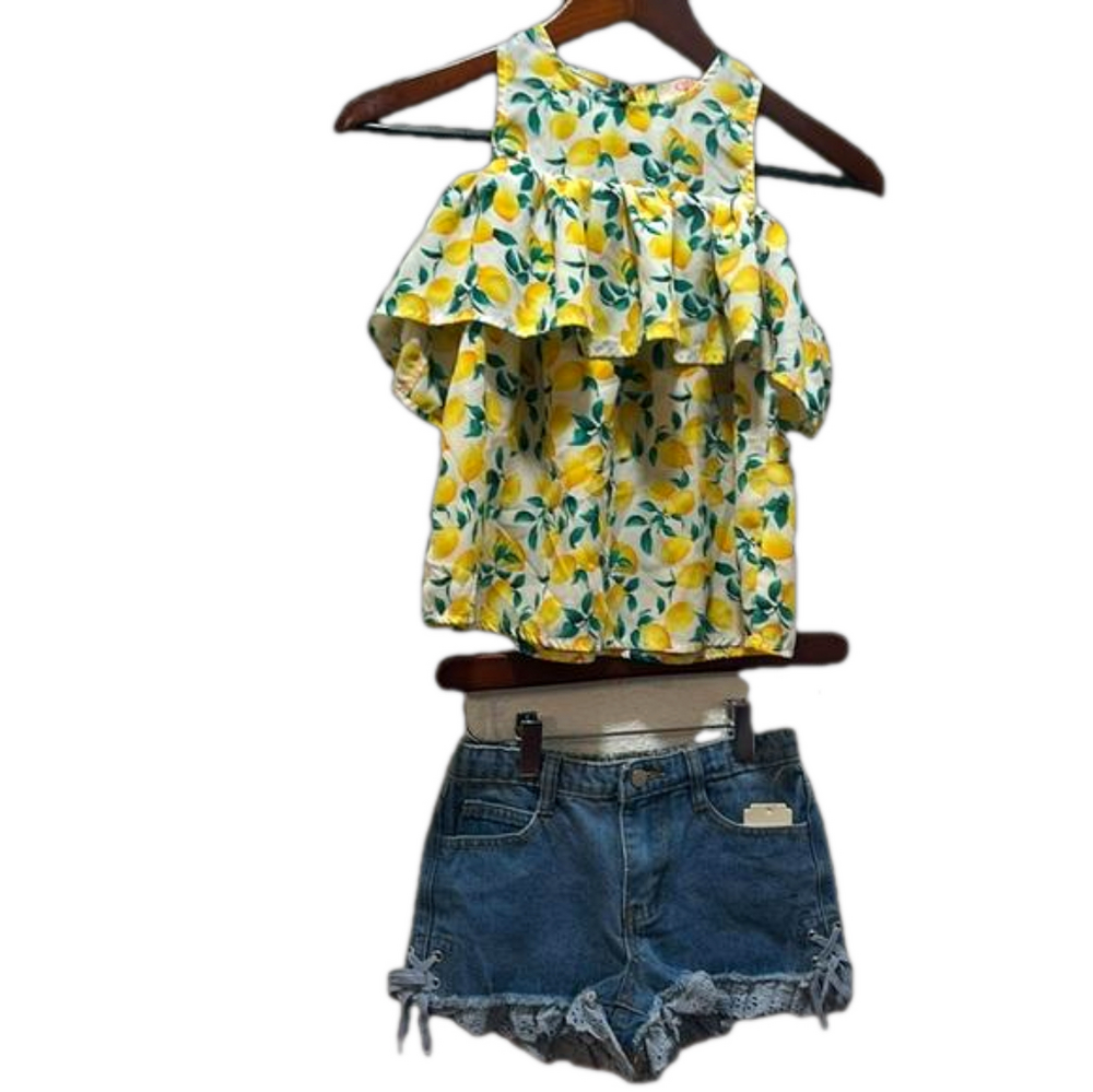 GB girls lemon design top & blue jean shorts SET size Small/7 GUC